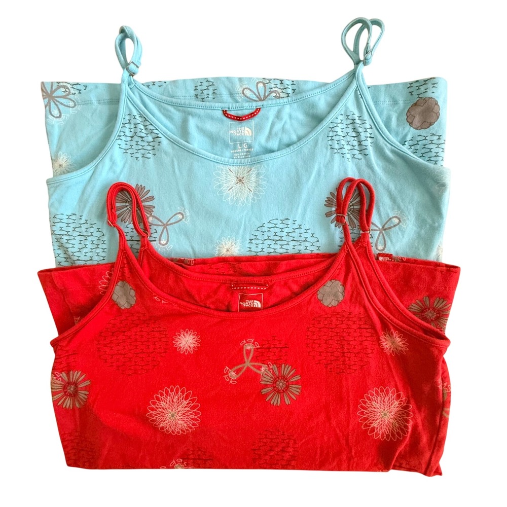 Lot of 2 The North Face Camisole Tank Top Red Blue Floral Print Women Large